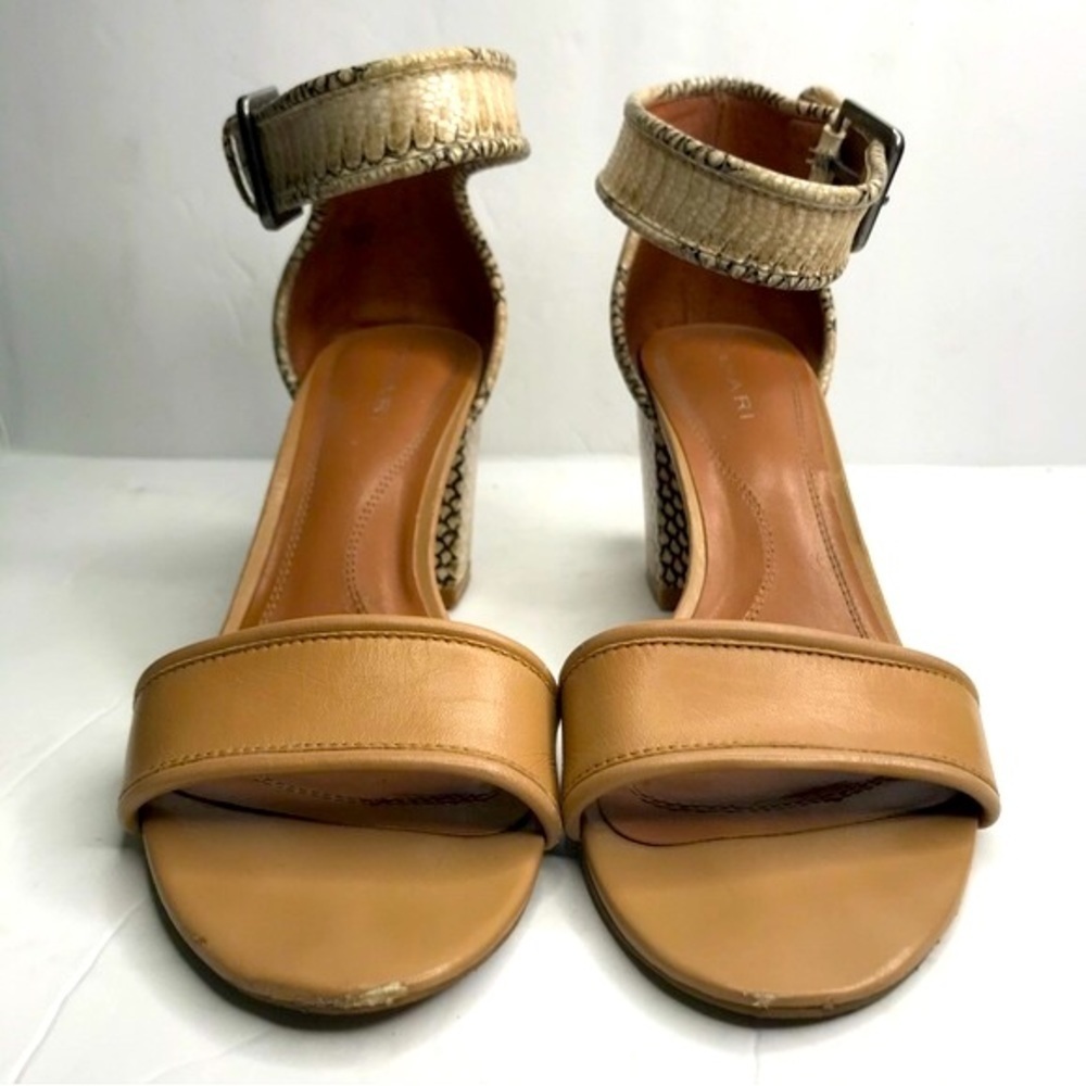 Tahari Adam Tan Snake Print Ankle Strap Sandals